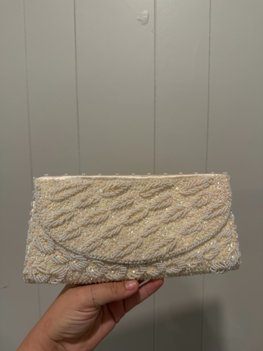 Ivory Beaded Evening Clutch with Pearl Accents
